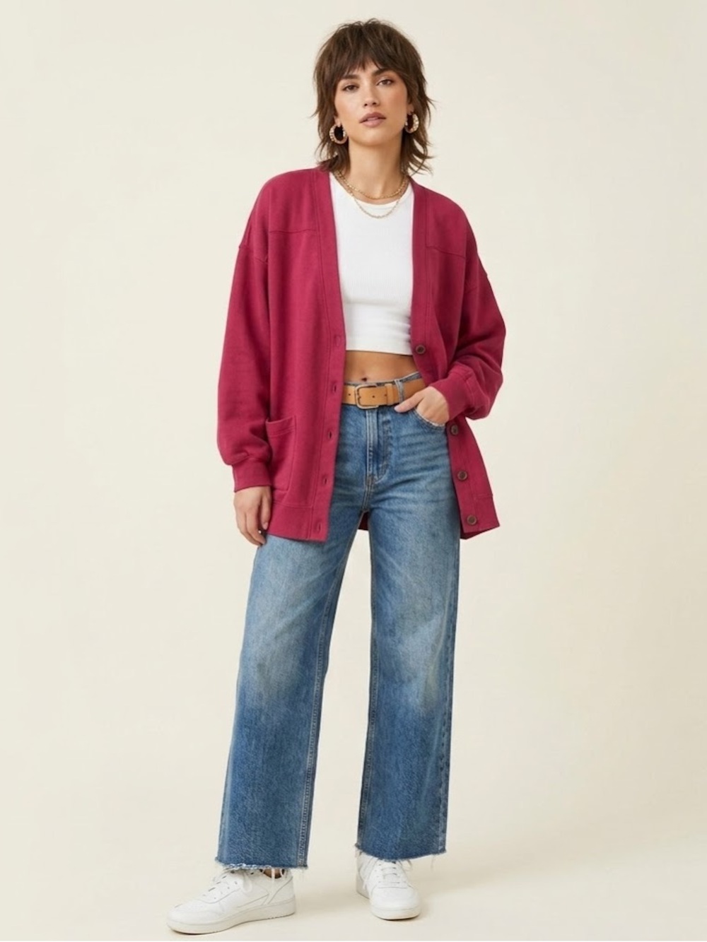 Vintage Hunt Club Oversized Button-Front Cardigan in Raspberry, Women’s Size XL